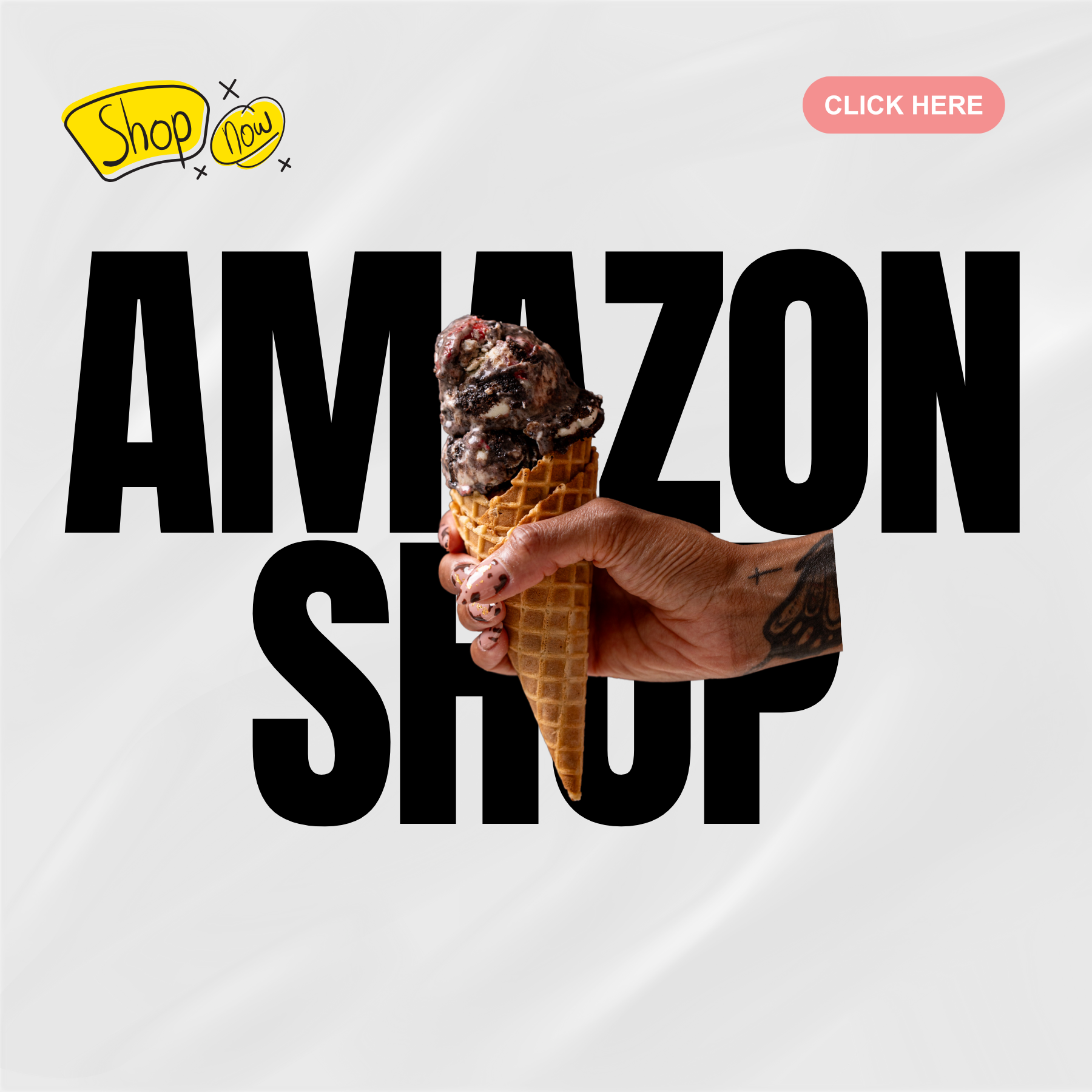 Image of woman hands holding ice cream with words Amazon Shop and shop now.