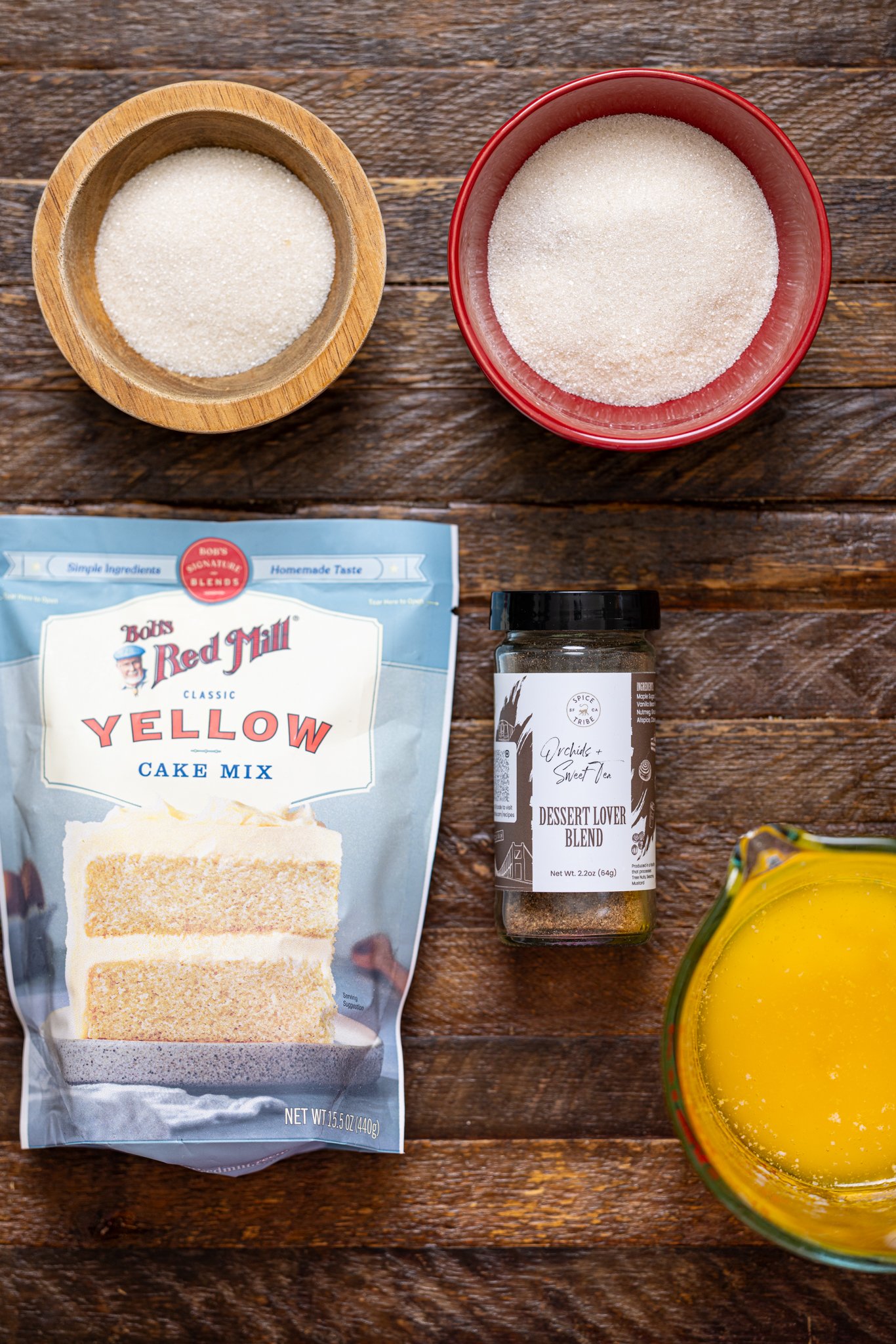 Ingredients on a brown wood table.
