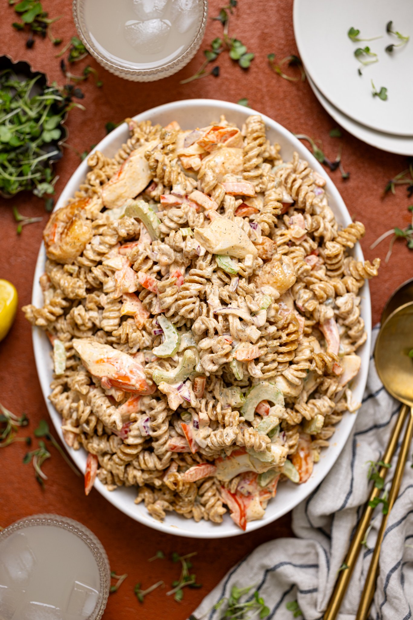 Best Seafood Salad Recipe on a platter with drinks.