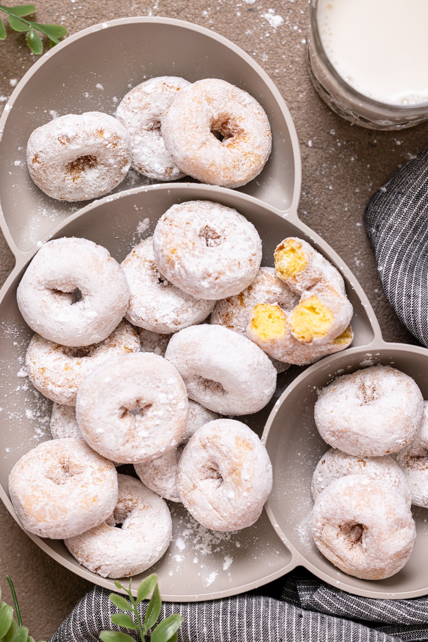 Up close shot of Homemade Mini Powdered Sugar Donuts.