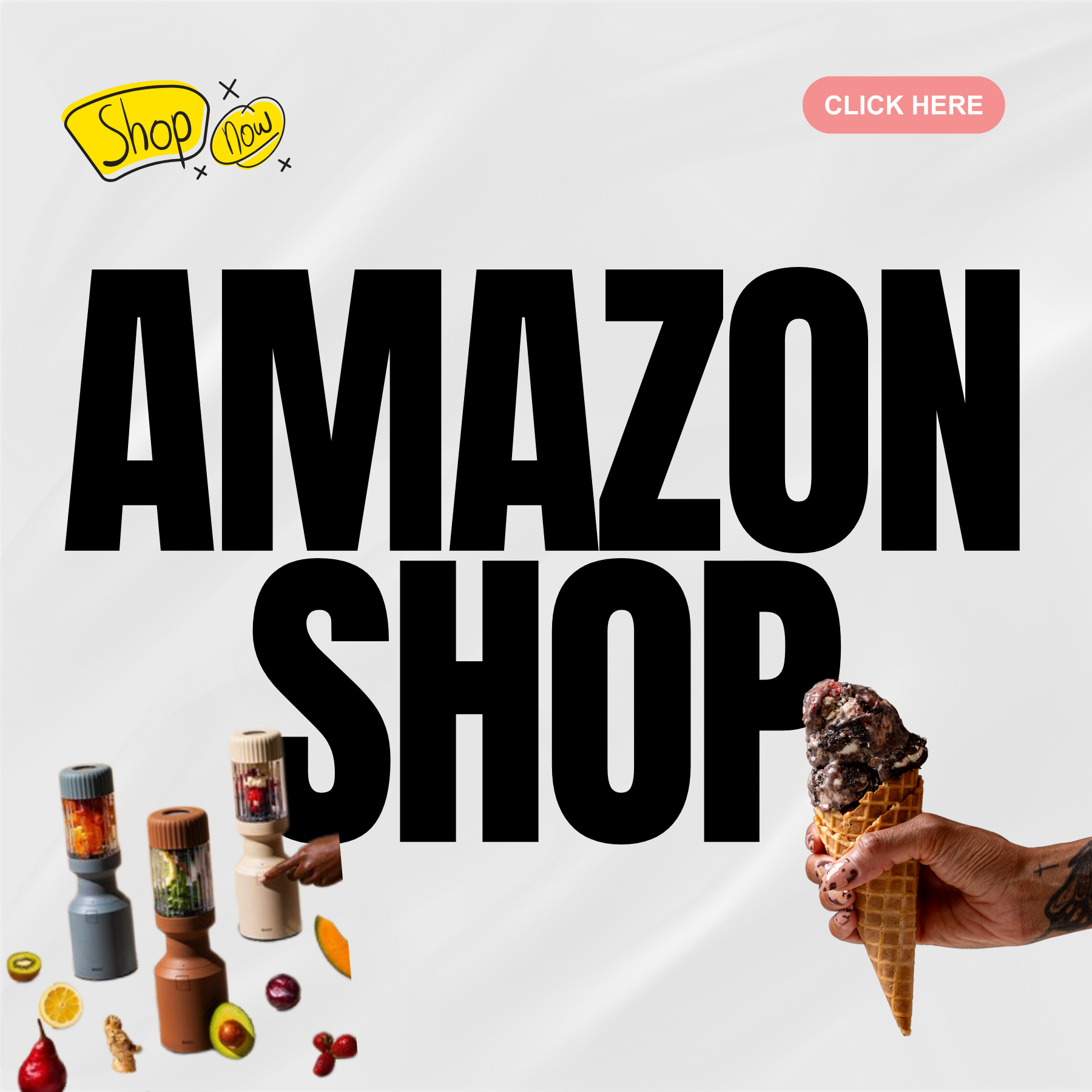 Image of woman hands holding ice cream, blender, with words Amazon Shop and shop now.
