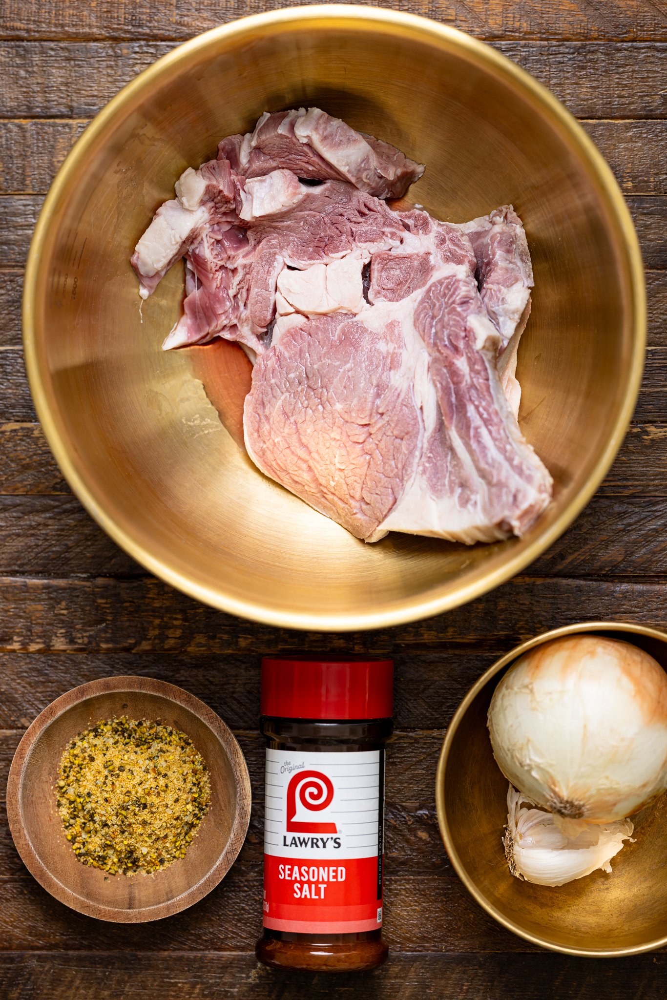 Ingredients on a brown wood table.