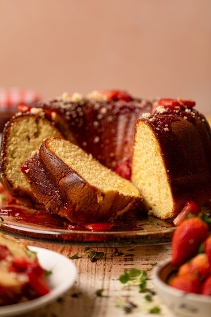 Up close shot of straight view of Strawberry Shortcake Bundt Cake.