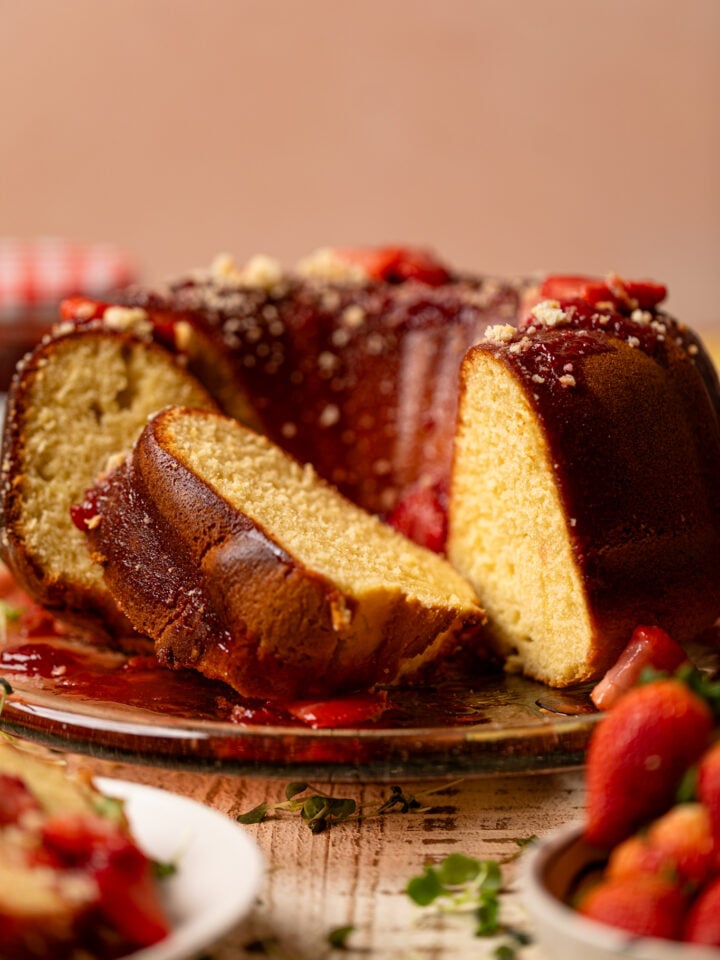 Up close shot of straight view of Strawberry Shortcake Bundt Cake.