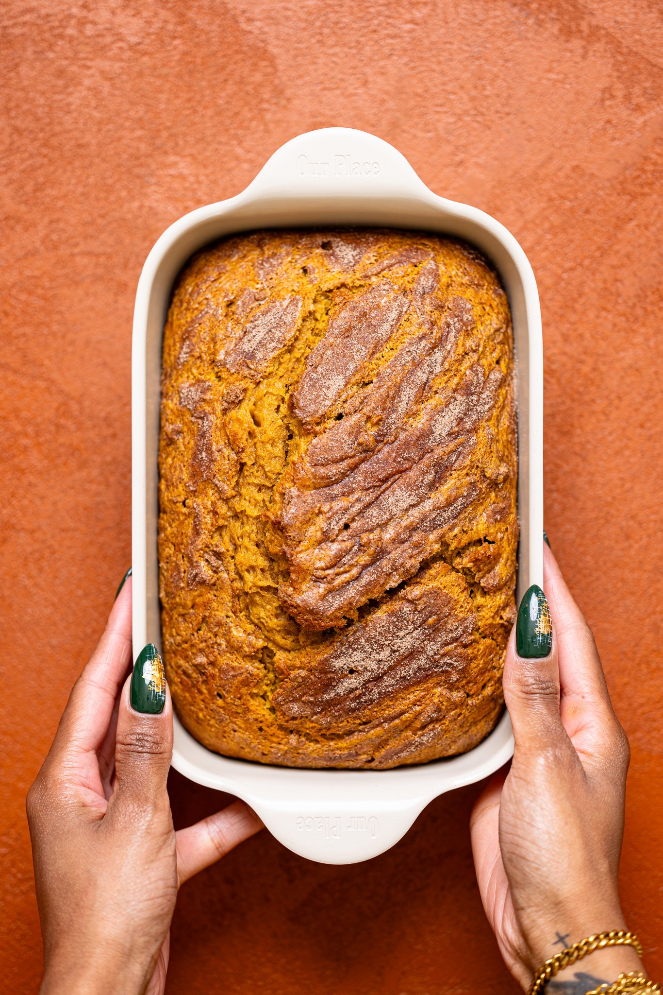 Baked Comforting Pumpkin Chai Latte Bread in a pan.