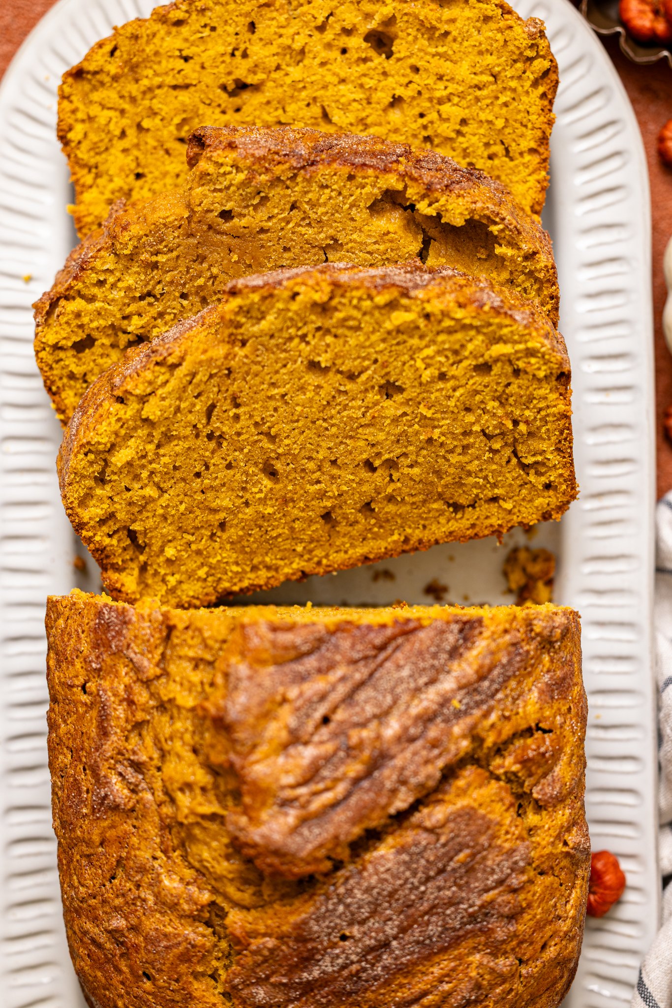Up close shot of Comforting Pumpkin Chai Latte Bread sliced.