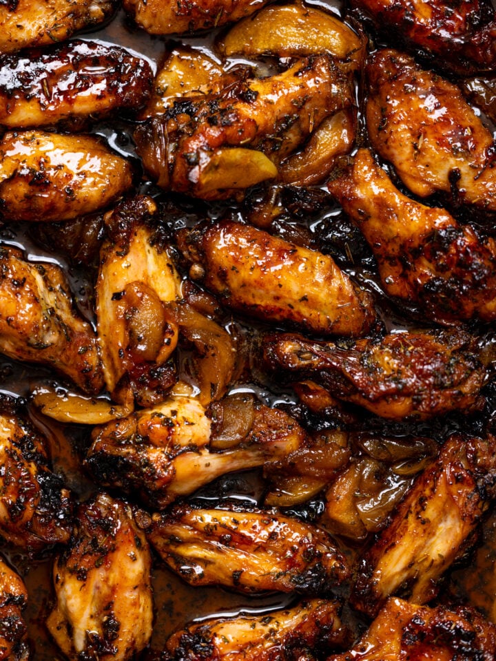 Zoomed in view of Sticky Maple Apple Chicken Wings.